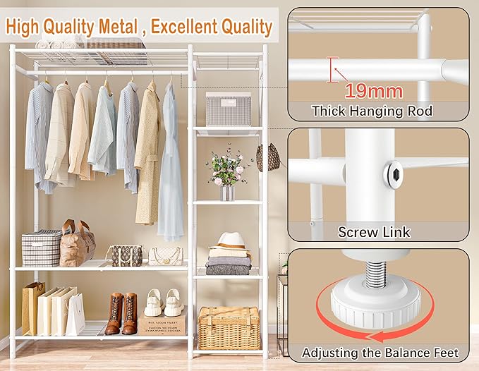 Wardrobe Closet,Portable Clothes Rack with 4 Tiers Shelves,Freestanding Closet Organizers and Storage System with Hanging Rods,Steel Clothing Rack Suitable for Cloakrooms,Bedrooms,Entrances,etc.White