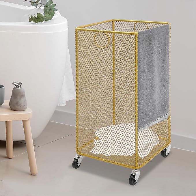 Rolling Laundry Basket with Wheels, Square Mesh Laundry Hamper on Casters, Gold