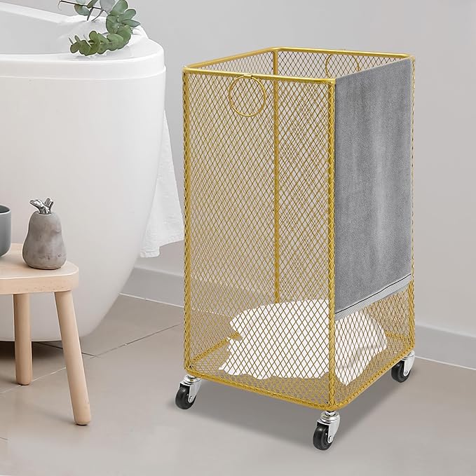 Rolling Laundry Hamper with Wheels Metal Wire Laundry Basket Cart Heavy Duty Clothes Toy Sundries Storage Organize Hamper Bin for Living Room Bathroom Closet Bedroom (Gold, Square)