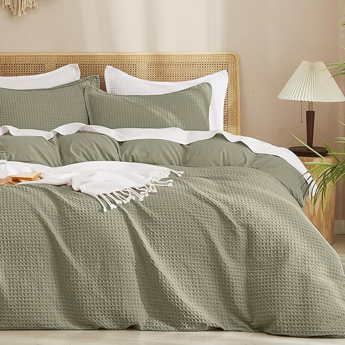 PHF Waffle Duvet Cover Set King Size, No Snagging Ultra Soft Luxury Textured Breathable Comforter Cover for All Season 3pcs, Durable Bedding Duvet Set with 2 Pillow Shams, 104"x90", Dusty Sage