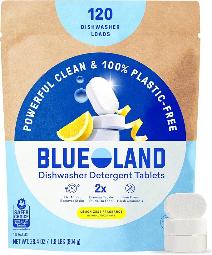 BLUELAND 100% Plastic-Free Dishwasher Detergent Tablets, 120 Count, Lemon Zest Scent, Eco Friendly Dishwashing Pods, Cuts Grease & Stuck on Food, Rinses Clean for Streak-Free Shine