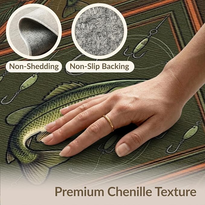 8'x10' Washable Area Rug Bass Lure Cabin Pinecone Hook Border Tackle Motif Fish Fishing Refined for Dining Room, Large Office, Lounge, Non-Slip Chair-Friendly