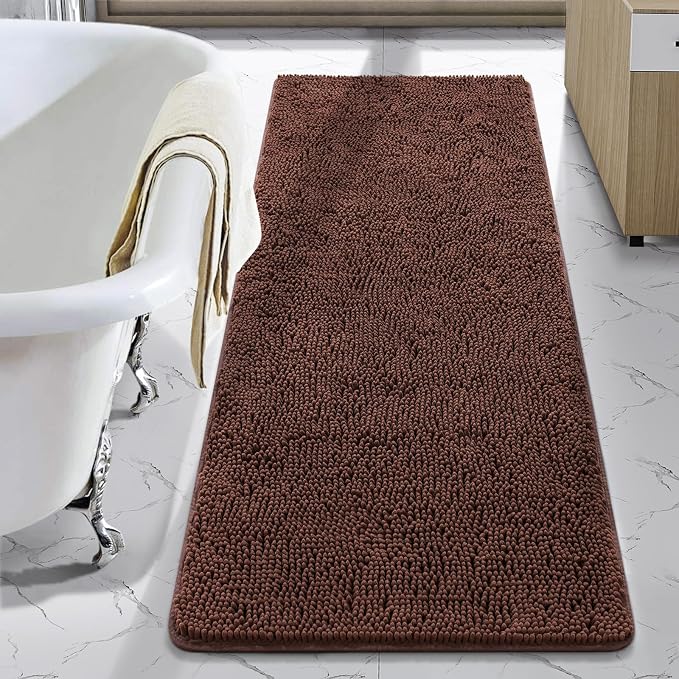 LOCHAS Luxury Bathroom Rug Shaggy Bath Mat 24 x 70 Inch, Brown | Washable Non Slip Bath Rugs for Bathroom Shower, Soft Plush Chenille Absorbent Carpets