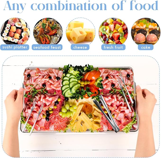 4 Set 16 x 9.45 Chilled Serving Tray for Parties with Compartments Ice Chilled Party Platter Charcuterie Serving Board with Forks Tongs for Fruit Seafood Vegetable Appetizer (Silver)