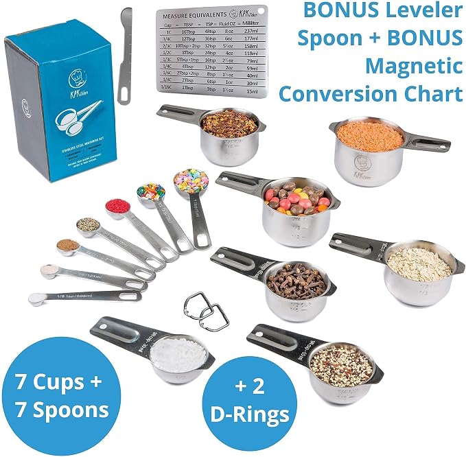 KPKitchen Stainless Steel Measuring Cups and Spoons Set of 14 and Silicone Pastry Mat - 7 Cup and 7 Spoon Metal Measure Sets - Extra Large Baking Mat For Rolling Out Dough - 100% Silicone & BPA Free