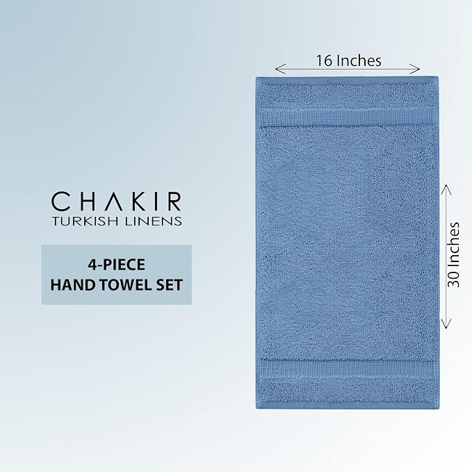 Chakir Turkish Linens 4 Piece Hand Towels, 100% Cotton Turkish Towels for Bathroom, Luxury Soft Absorbent Hand Towel Set, 16 x 30 Inches, Wedgewood