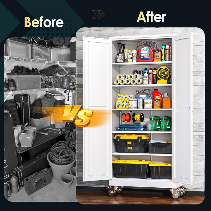 PAOFIN 75''H Metal Garage Storage Cabinet with Wheels,Steel File Cabinets with 2 Doors and 5 Adjustable Shelves for Home Office, Warehouse, Required Assembly,White