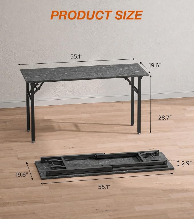 XBurmo Folding Desk Foldable Table, No Assembly 55.1" Foldable Desk Space-Saving Workstation for Small Space, Computer Table, Flat Storage for Home Office, Bedroom, Dorm, Study Room, Marble Greige
