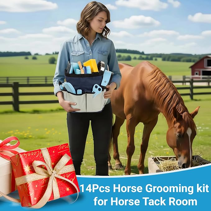 Horse Grooming Kit, 14-in-1 Professional Horse Brush Supplies Set for Grooming & Care, with Horse Brushes, Curry Comb, Hoof Pick & Waterproof Storage Tote Bag for Shining, Detangling, Massaging(Blue)