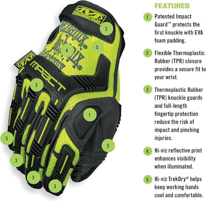 Mechanix Wear Hi-Viz M-Pact Gloves - High-Visibility Impact Gloves - For Builders Safety - For Construction - Vibration Absorbing - Touchscreen Compatible - Fluorescent Yellow - X-Large