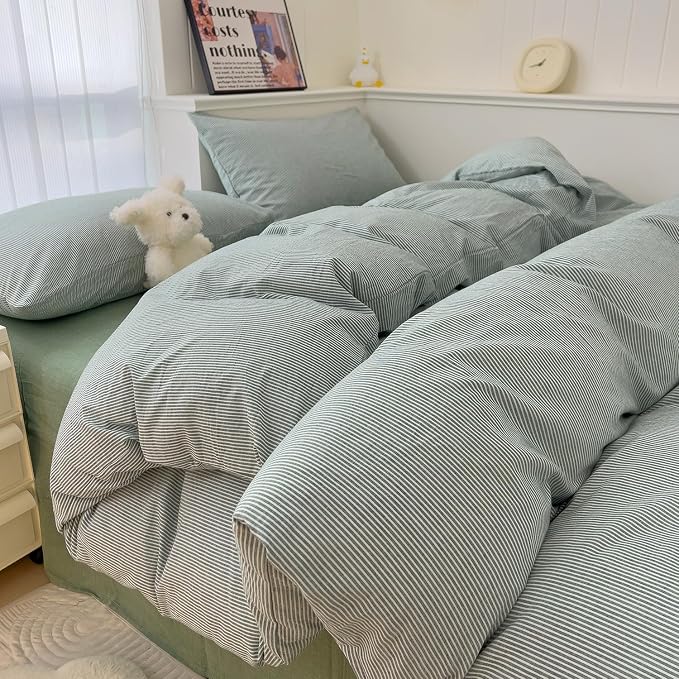 mixinni Green Striped Duvet Cover Full Size - 100% Washed Cotton Pinstripe Comforter Cover with Zipper Closure, Lightweight & Breathable, 3 Pieces Minimalist Stripes Pattern Printed Bedding Set