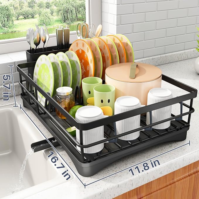 SAYZH Dish Drying Rack for Kitchen Counter with Utensil Holder, Black | Stainless Steel, Large Capacity, Angled Drainboard, Rotating Spout, Removable to Clean