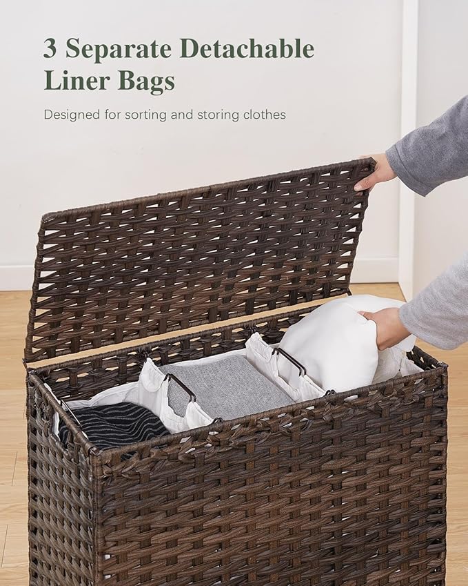 SETVSON Laundry Hamper with Lid, 35 Gal 3-Bag Clothes Sorter, Brown | Large Family Laundry Trunk with Lid, 3 Compartment Sorting Liner, 6 Wash Bags, Elevated PE Rattan Bin with Handles