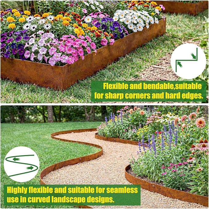 20ft. Metal Edging for Landscaping, 6 Pack 8 inches Rusted Cor-Ten Steel Edging for Landscaping a Pair of Gloves, Bendable Hammer-in Steel Landscape Edging for Fence, Garden, Yard, Park, Law