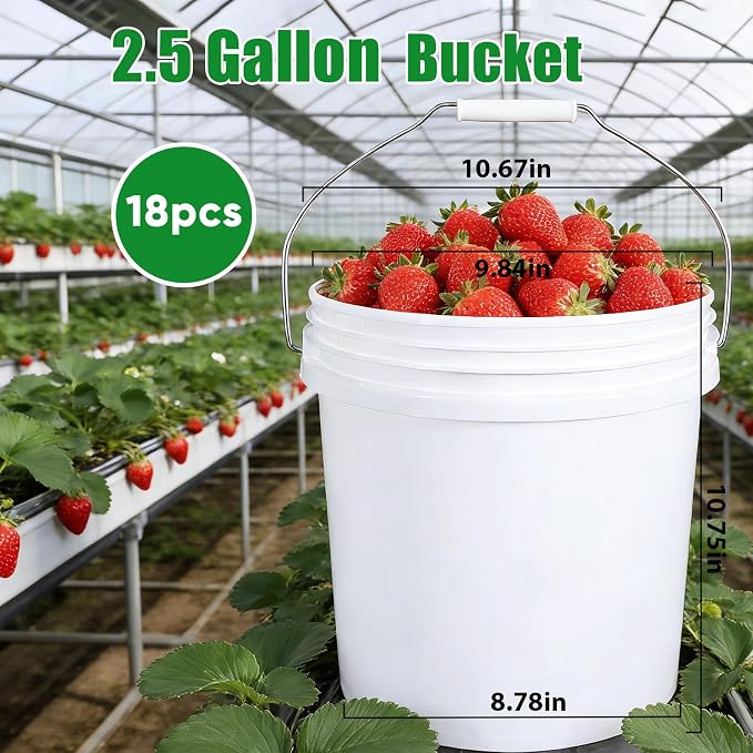 18-Pack 2.5 Gallon Plastic Bucket with Handle – White Heavy-Duty Food Grade Water Storage Buckets for Cleaning, Paint, Ice, Halloween & More