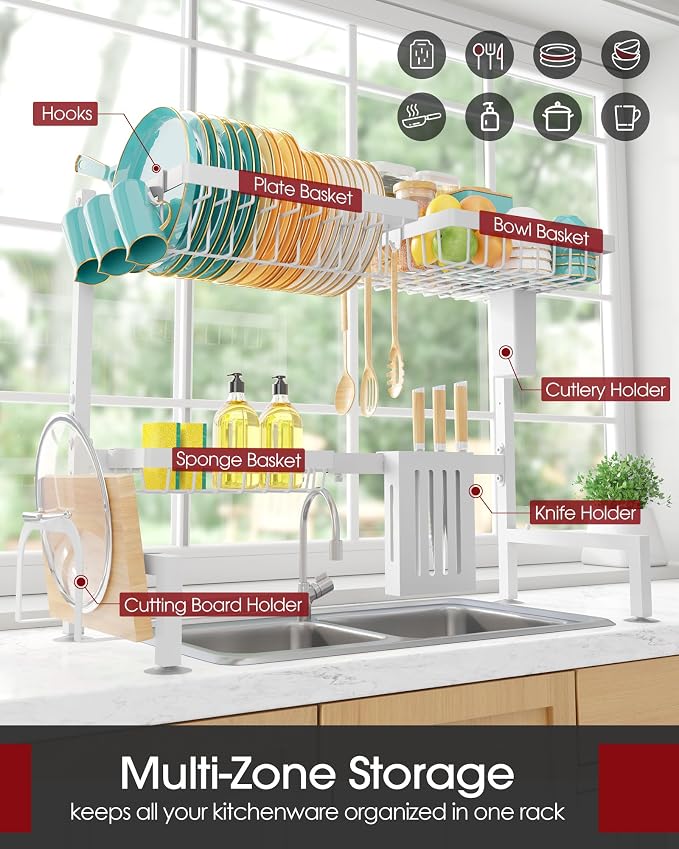 Sakugi Over The Sink Dish Drying Rack - Adjustable 2 Tier Large Capacity Stainless Steel Drainer with Cutlery & Utensil Holders, Kitchen Storage & Organization, 30"-33.9" L x 11" W x 21.5" H, White