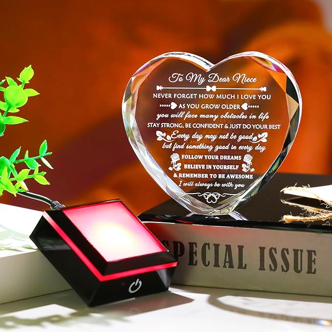 Arikyrist Niece Gifts from Auntie Uncle with Colorful LED Base, Inspirational Birthday Graduation Gifts for Niece from Aunt, Heart Crystal keepsake To My Nieces Present on Christmas