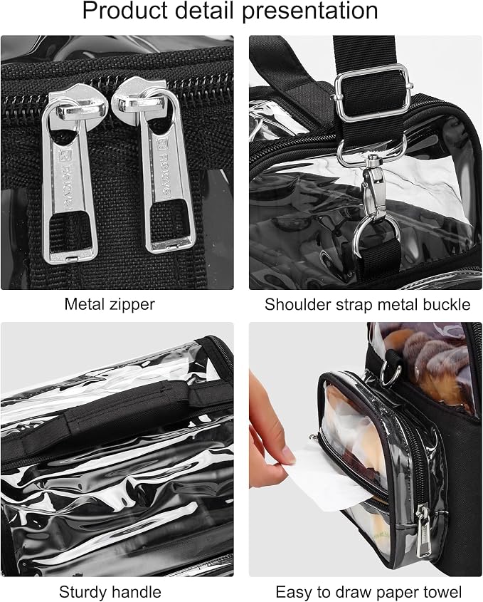 Makeup Brush Bag, Makeup Brush Case for Makeup Artist with Plastic Dividers Washable, Portable Travel Makeup Train Case with Clear Waterproof Cover for Easy to Clean and Find with Adjustable Strap