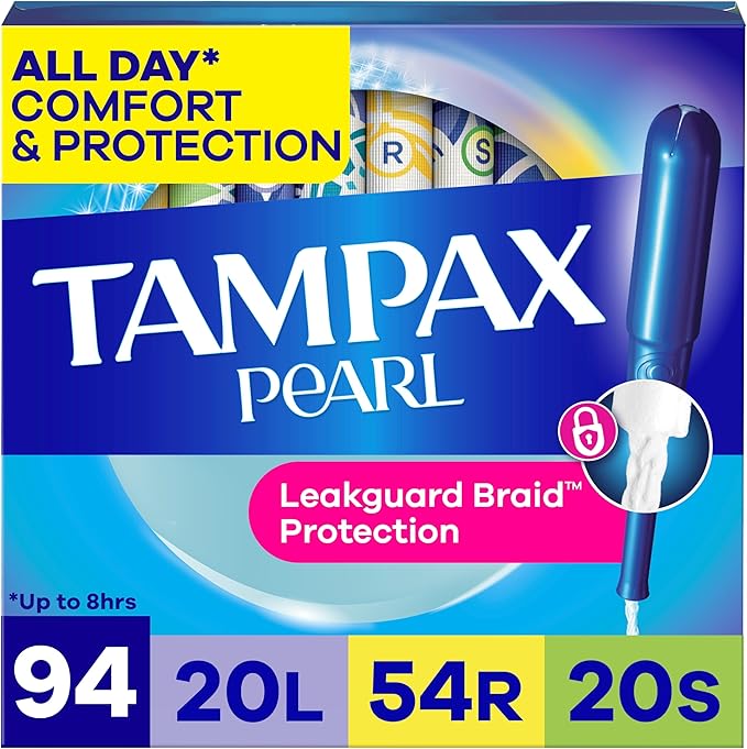 Tampax Pearl Tampons for Women Multipack, with LeakGuard Braid, Light/Regular/Super Absorbency, Unscented, 94 Count (2 Packs of 47) (Packaging May Vary)