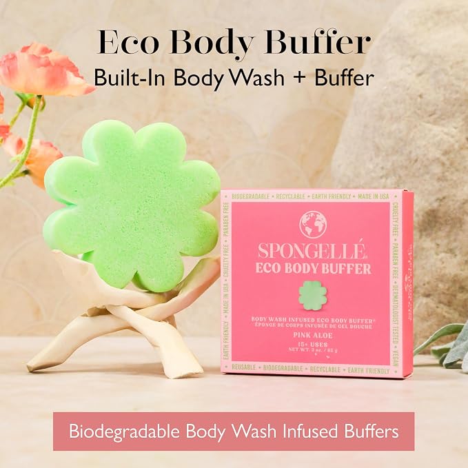 Spongelle Pink Aloe Eco Collection Body Buffer Body Scrubber | Bath & Shower Loofah for Men & Women | Biodegradable, Cruelty-Free, Vegan, Dermatologist-Tested, Made in USA | 15+ uses