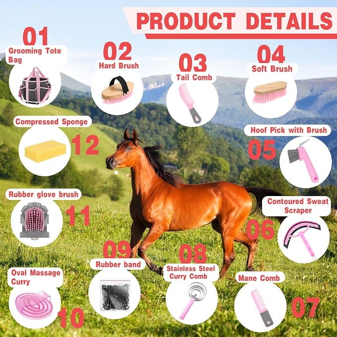 Abbylike 12 Piece Horse Grooming Kit with Organizer Tote Bag Brush Sets for Derby Day Show Horses Professional Tools for Care & Massage(Grey and Pink)