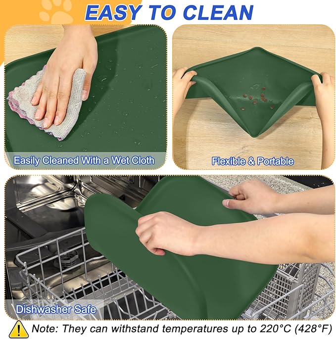 SMILOOL Waterproof Silicone Pet Food Mat with Raised Edge for Dog & Cat | 24" x 16" Non-Slip Pet Feeding Mats with Lip for Food & Water Bowl, Food Grade, Easy Cleaning, Dark Olive