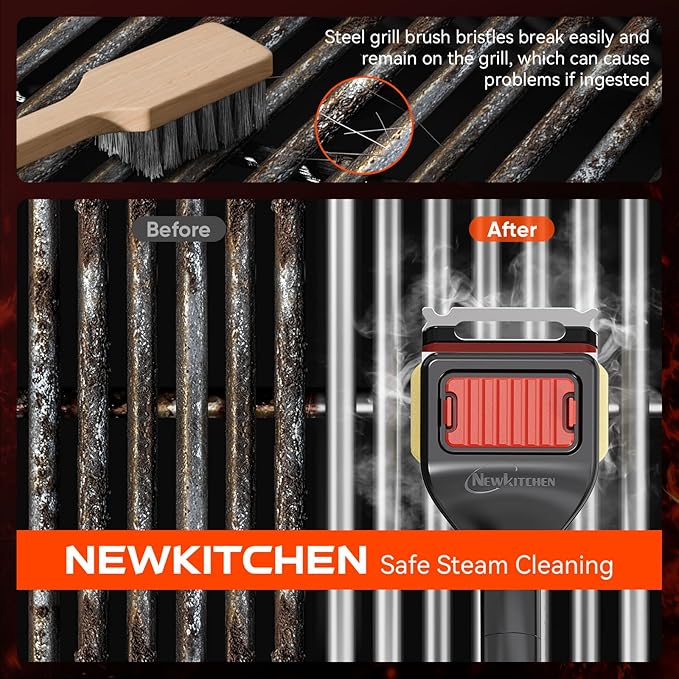 NEWKITCHEN Bristle Free Grill Brush with Scraper, Safe Steam Clean BBQ Grill Cleaner, Long Handle Replaceable Head Grill Cleaning Brush for Outdoor Grill