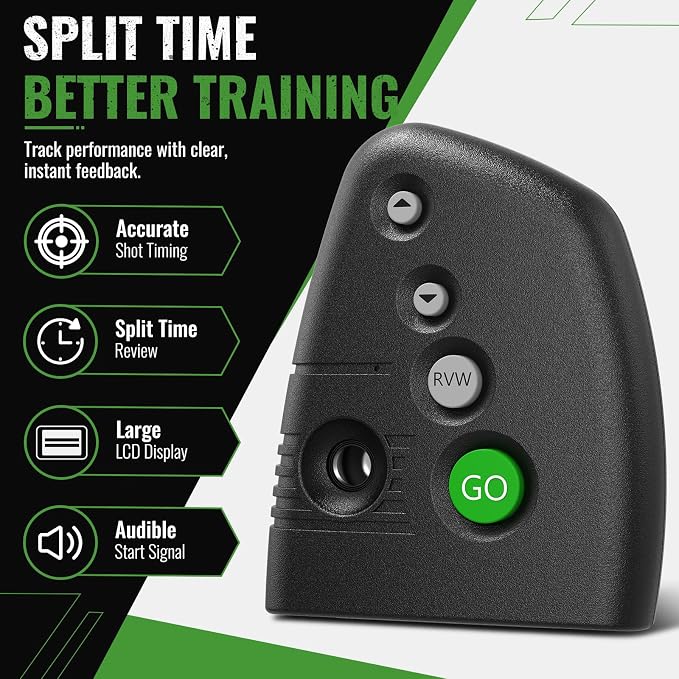Shot Timer for Shooting Competition– Loud 110dB Buzzer, Par & Split Times, Belt Clip, Ergonomic Design & Battery Not Included – Helps Improve Your Training (Green)