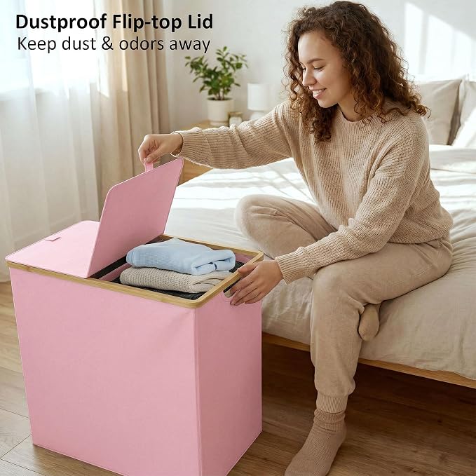 efluky Laundry Hamper with Lid, Double Laundry Basket with 2 Removable Bags, 2 Section Laundry Bin with Bamboo Handles for Bathroom, Bedroom & Laundry Room, 140L (36.9 Gallon) Pink