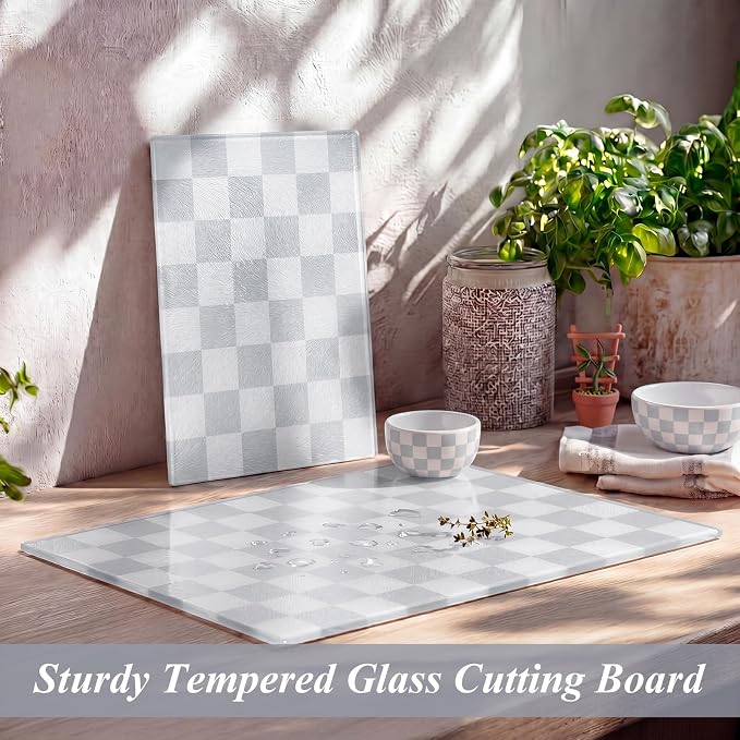 Thenshop Set of 2 Tempered Glass Cutting Boards Silver Gray Check Countertop Cutting Boards Heat Resistant with Non-slip Feet for Kitchen Counter Housewarming Wedding Gift 7.9x11inch+11x15 Inch