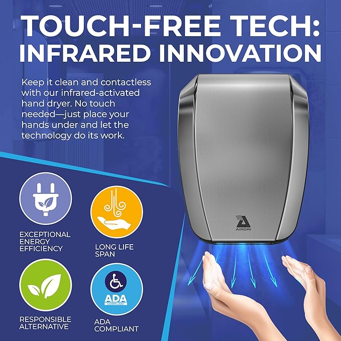 CompactDRI Automatic Hand Dryer - 1.0kW Low Noise Motor - 15-Second Dry Time - 70dBa Noise Output - ADA Compliant - Ideal for Commercial Spaces and Public Facilities - Stainless Steel