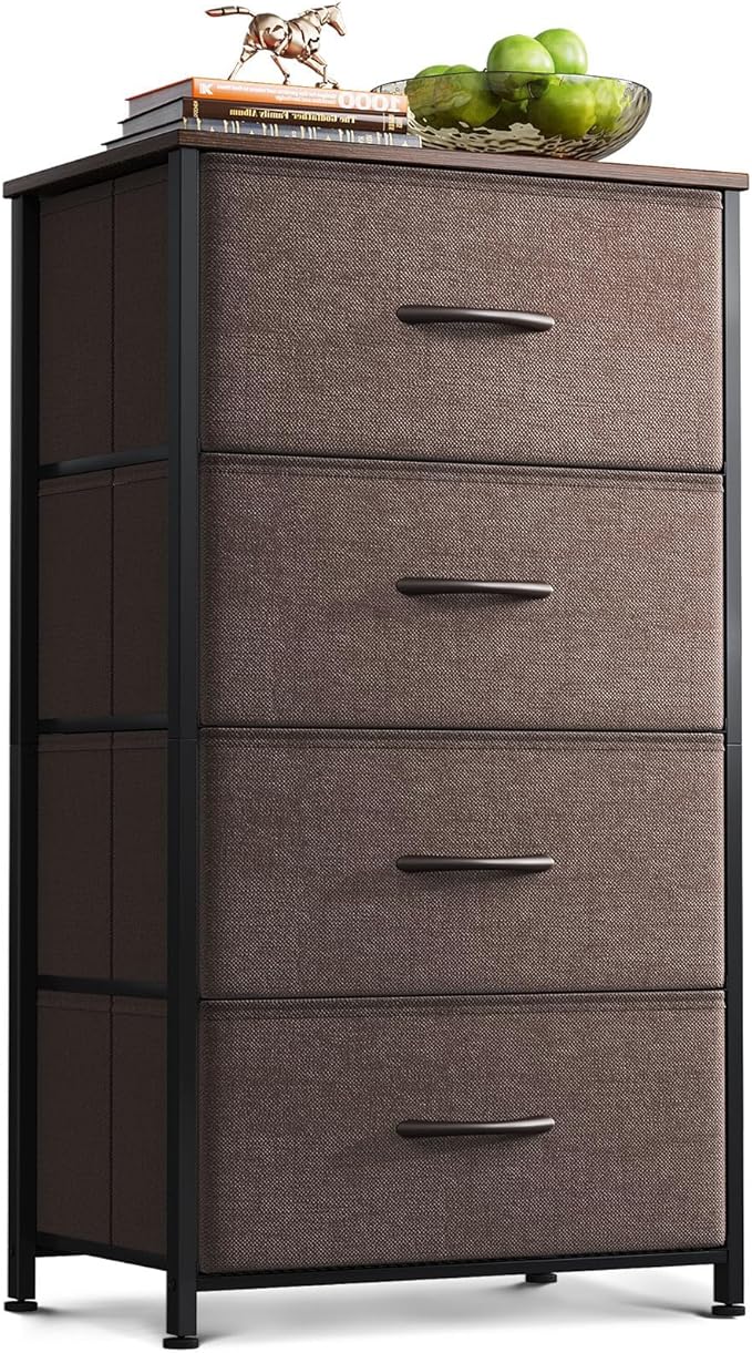 AODK Small Dresser for Bedroom with 4 Storage Drawers, Brown | Dressers Chest of Drawers Fabric Dresser with Sturdy Steel Frame, Dressers for Closet with Wood Top