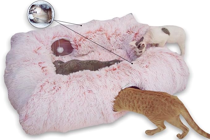 XxingSheep 4-Cave Plush XL Cat Tunnel Bed Indoor Cats Peekaboo Toy Mat Pink | Plush XL Cat Tunnel Bed, 4-Cave Peekaboo Toy, Cozy Donut Mat for All Cats