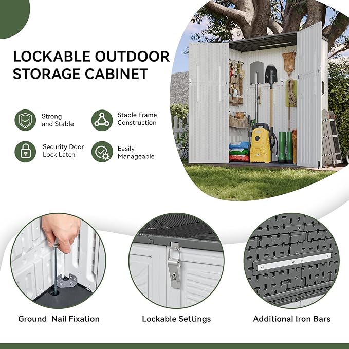 Aoxun Outdoor Storage Shed with Floor, 61 Cu.Ft Large Outdoor Storage Cabinet, Waterproof Vertical Resin Shed for Garden Tools, Pool Equipment, Grey White