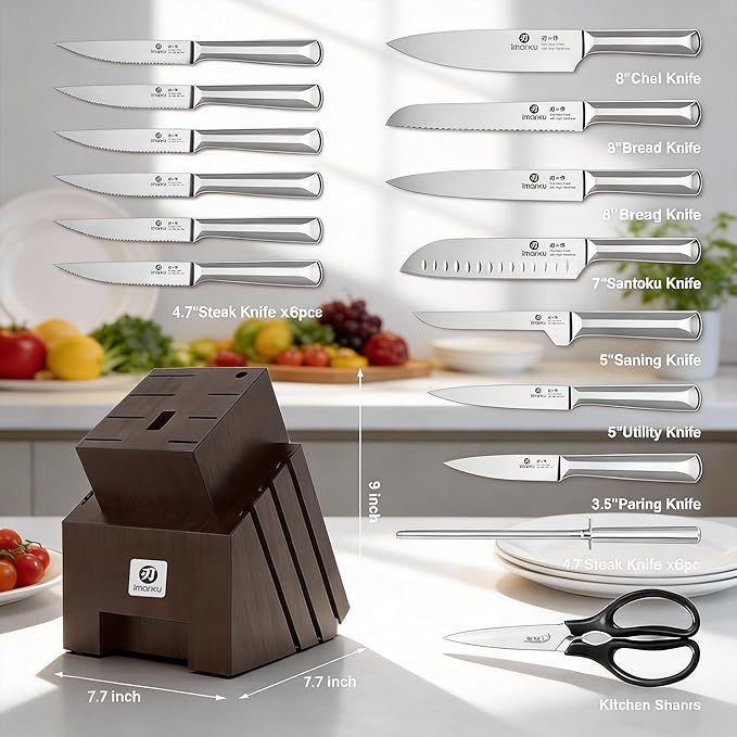 imarku 16-Pieces High Carbon Japanese Stainless Steel Knife Set with Block | Kitchen Knife Set|15°Precision Edge |56±2 HRC Hardness|Built-in Sharpener|Ergonomic Handles|Gifts Mom & Dad