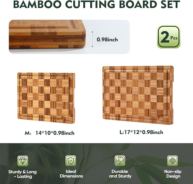 Extra Large Bamboo Cutting Boards, 2-Pack Heavy Duty Bamboo Cutting Boards Set with Juice Grooves & Non-Slip Feet –Checkered Extra Large Thick Wood Chopping Board for Meat, Fruits, Non-Toxic & Durable