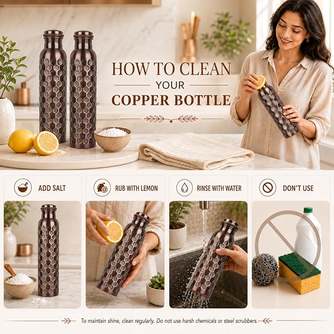 Copper Water Bottle,Ayurvedic Pure Copper Bottle For Drinking - Drink More Water, Lower your Sugar Intake And Enjoy The health Benefits Immediately - 32 Oz(1Cleaning Brush +3 Diamond Bottle)