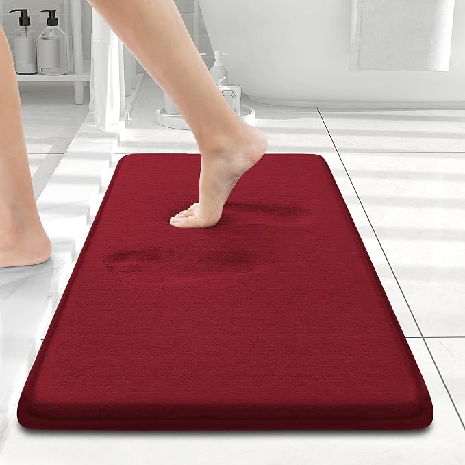 Smiry Memory Foam Bath Mat 24x16, Extra Soft and Absorbent Bathroom Mats, Non Slip Washable Carpet for Floor, Shower and Tub, Red