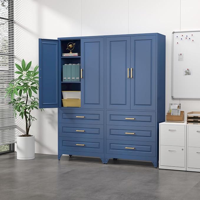 SteeLoong 75" Metal Storage Cabinet with Doors and 2 Adjustable Shelves | Kitchen Pantry Cabinet with 3 Drawers,Blue Kitchen Cabinet with 2 Gold Handles,Food Cupboard for Livingroom,Pantry, Bathroom