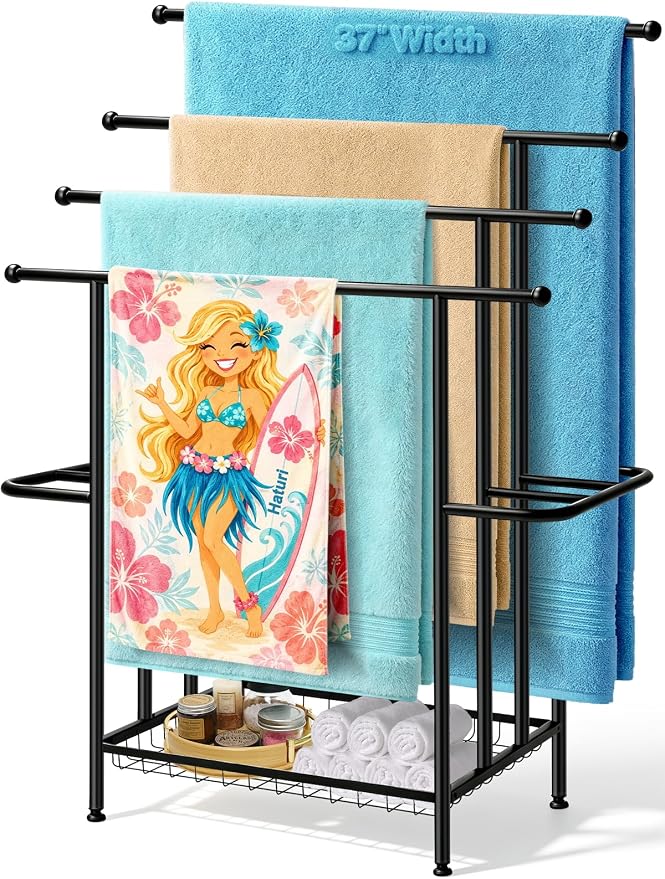 Haturi 4-Tier Free Standing Towel Rack for Bathroom, 45.3" H Black Metal Towel Drying Rack, 18.1" W with Storage Basket, Outdoor Pool Towel Holder for Oversized Towels & Blankets