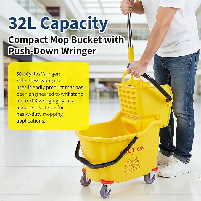 Garvee Commercial Mop Bucket with Side Press Wringer on Wheels, 35 Quart Capacity for Floor Cleaning, Kitchens, Restaurants, and Janitorial Use, Yellow, Polypropylene