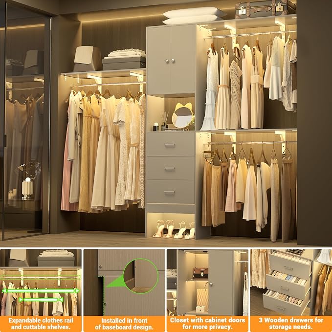 Armocity 96 Inches Closet System with Doors, 8FT Walk In Closet Organizer with 2 Shelving Towers, Heavy Duty Clothes Garment Rack with 3 Wood Drawers, 96"L x 16"W x 80"H, Max Load 1000 LBS, Grey