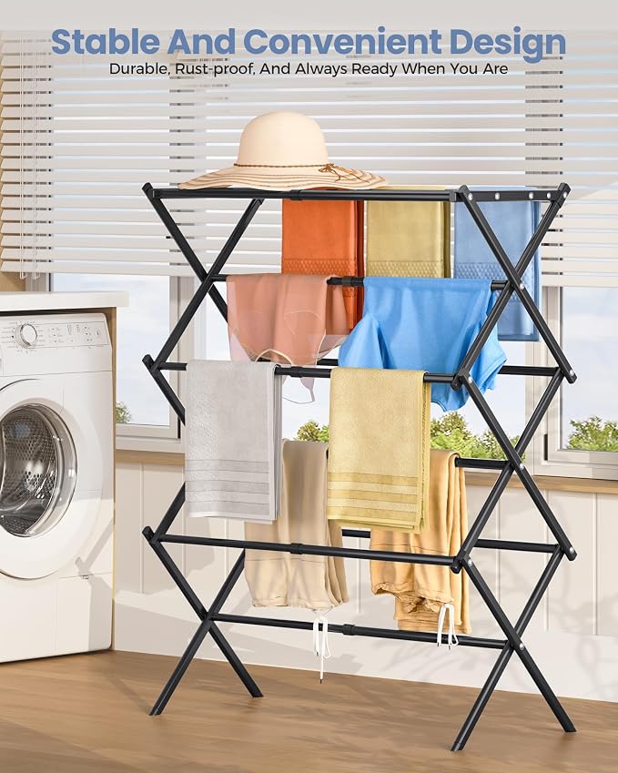 APEXCHASER Oversize Clothes Drying Rack, 3-Tier Drying Rack Clothing, Expandable Metal Laundry Drying Rack, Air Drying Rack, Clothes Rack, No install, 24lb Capacity, 14.9" D x 29.3" W x 39.3" H, Black