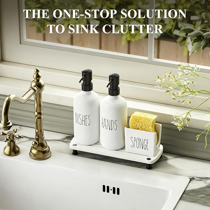 Cisily Kitchen Soap Dispenser Set Comes with Ceramics Sponge Holder, Gold Pumps, and Instant Dry Tray, Hand and Dish Soap Dispenser Set (4, Black + White + Sponge Holder)
