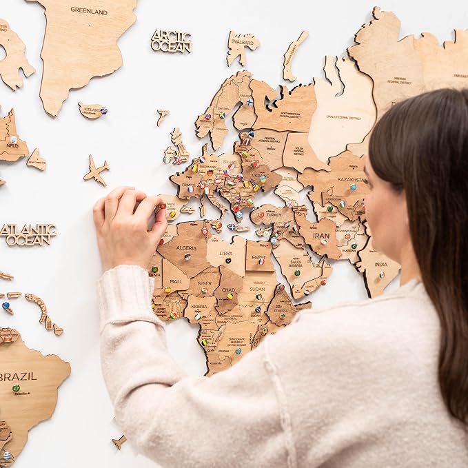 ENJOY THE WOOD 3D Wood World Map Wall Art Large Wood Wall Décor Housewarming Gift Idea Art World Travel Map For Home & Kitchen or Office (Light, X-Large)