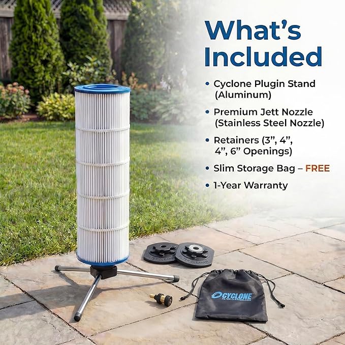 CYCLONE FILTER CLEANER Essential Plus – Patented Spinning Cartridge Filter Cleaner with Tripod Stand & Premium Brass Jet Nozzle with Shut-Off Valve – Fits 3”, 4”, 6” ID