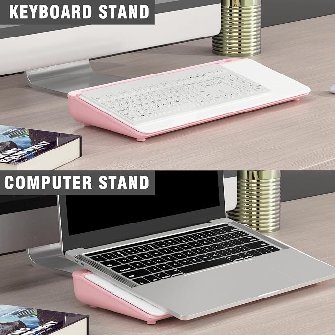 SELEAD Desktop Glass Whiteboard with Organizer & Built-in Mirror - Small Dry Erase White Board Computer Pad Keyboard Stand with Markers, Eraser, Holder for Women - Pink