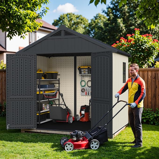 Greesum 8x6FT Plastic Outdoor Storage Shed with Floor, Resin Sheds with Window and Lockable Door, Easy Assembly, HDPE Kick-it Shed for Garden, Lawn, Backyard, Beige