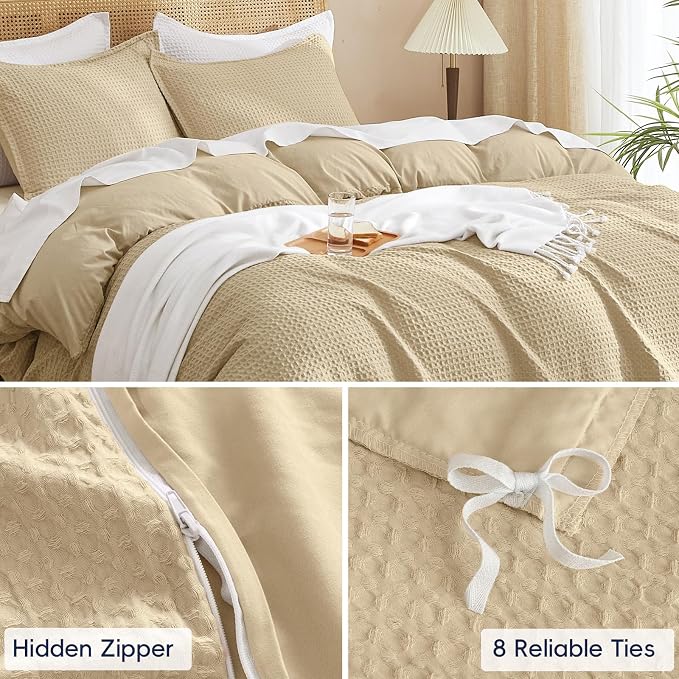 PHF Waffle Weave Duvet Cover Set Queen Size, No Snagging Ultra Soft Luxury Textured Breathable Comforter Cover for All Season 3pcs, Durable Bedding Duvet Set with 2 Pillow Shams, 90"x90", Khaki