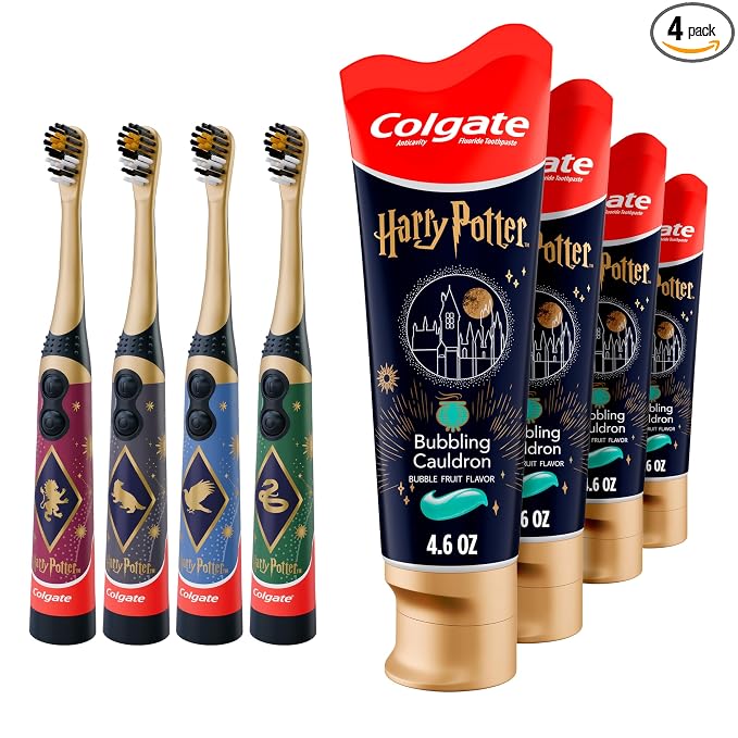 Colgate Harry Potter Kids Toothbrush and Toothpaste Bundle, Battery Powered Vibrating Bristles, Cavity Protection, 8-Piece Set